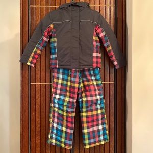 ICEBURG GIRLS’ GRAY PLAID 2 PIECE SNOW SUIT-PUFFER JACKET AND SNOW BIB